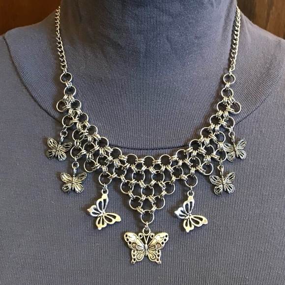"Gothic Flutter" Handmade Goth Silver Butterflies Chainmail Choker Necklace Punk - Picture 9 of 16